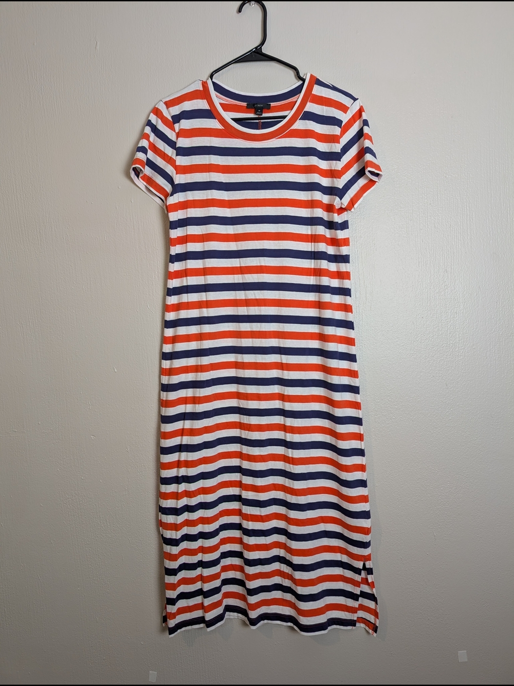 J. Crew Striped Short-Sleeve Maxi Dress in White, Navy & Orange